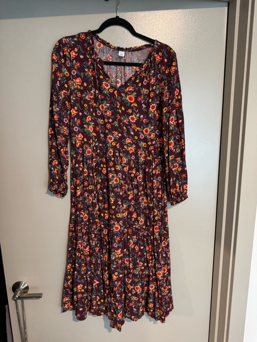 Old Navy Floral Tiered Maxi Dress in Burgundy with Orange and Yellow Flowers